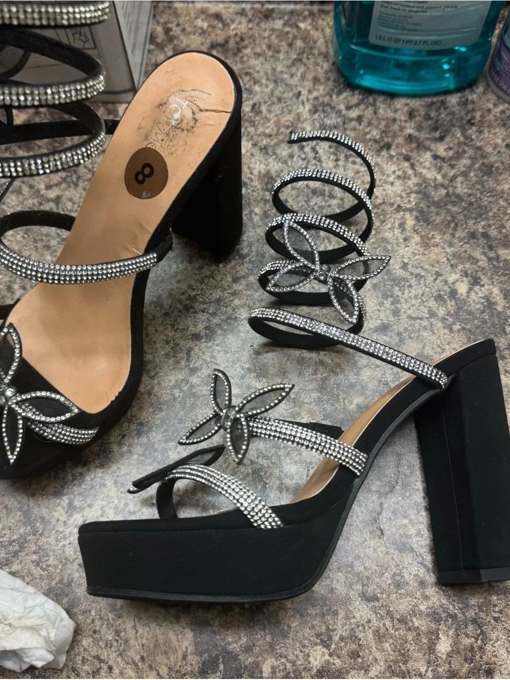 TOP Moda Black Crystal Floral Wrap Platform Sandals